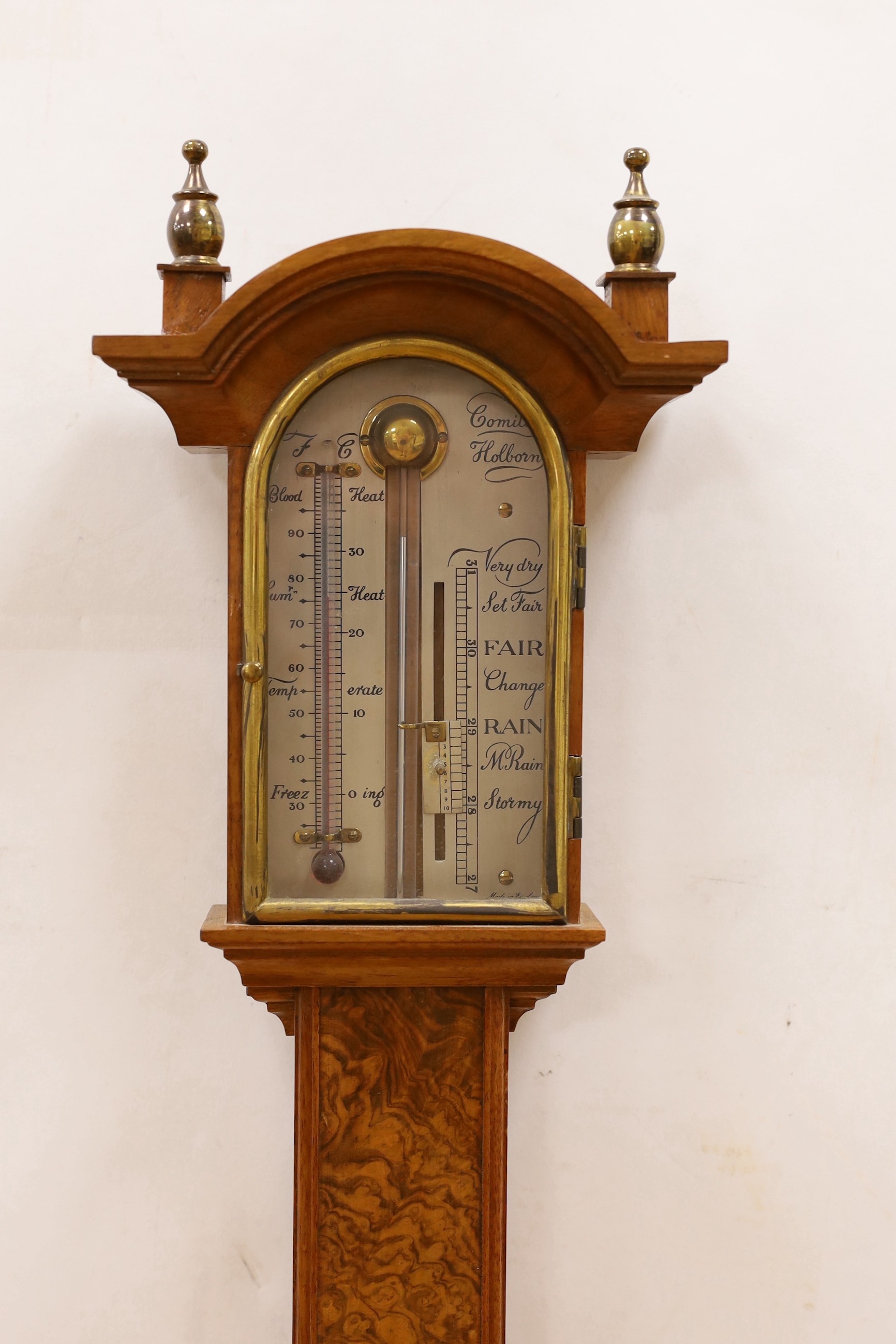 A Comitti & Son limited edition burr walnut and mahogany barometer, copy of a stick barometer by John Cuff, 100cm